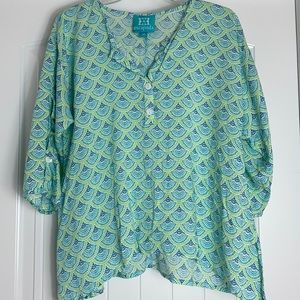Escapada Blue/Aqua/White Mermaid Scale Print VNeck Top Size M
